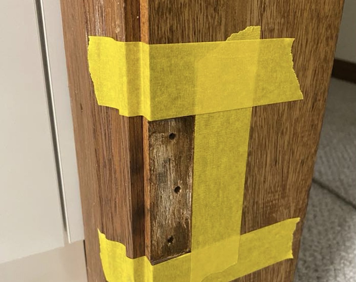 Timber post repair prepped and masked before finishing, Adelaide Hills