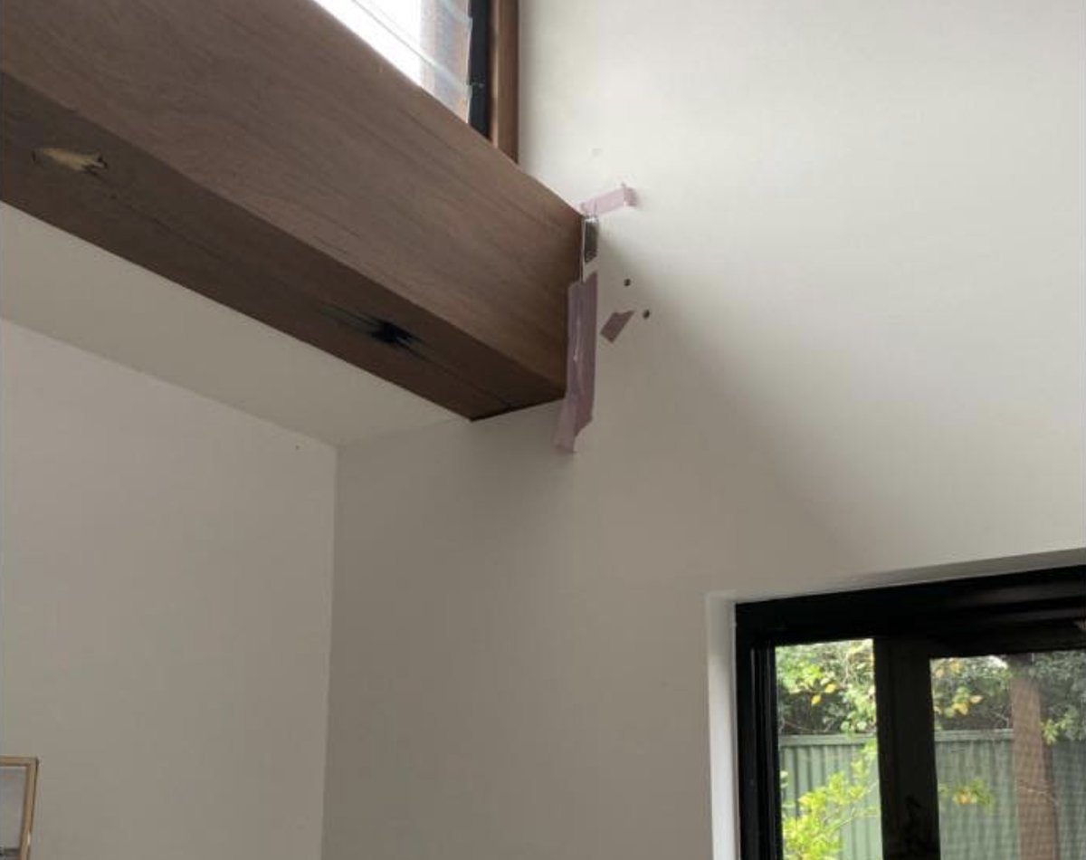 Timber beam joint before restorative repair and repaint, Mount Barker